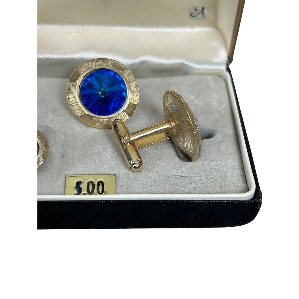 Vintage Anson Cufflinks and Stud Tie Tack Set Gold‎ Tone Blue Rhinestone